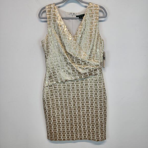 Lauren Ralph Lauren Gold Surplice Dress Size 12 Wide Strap Geometric Knee Length - Picture 1 of 12